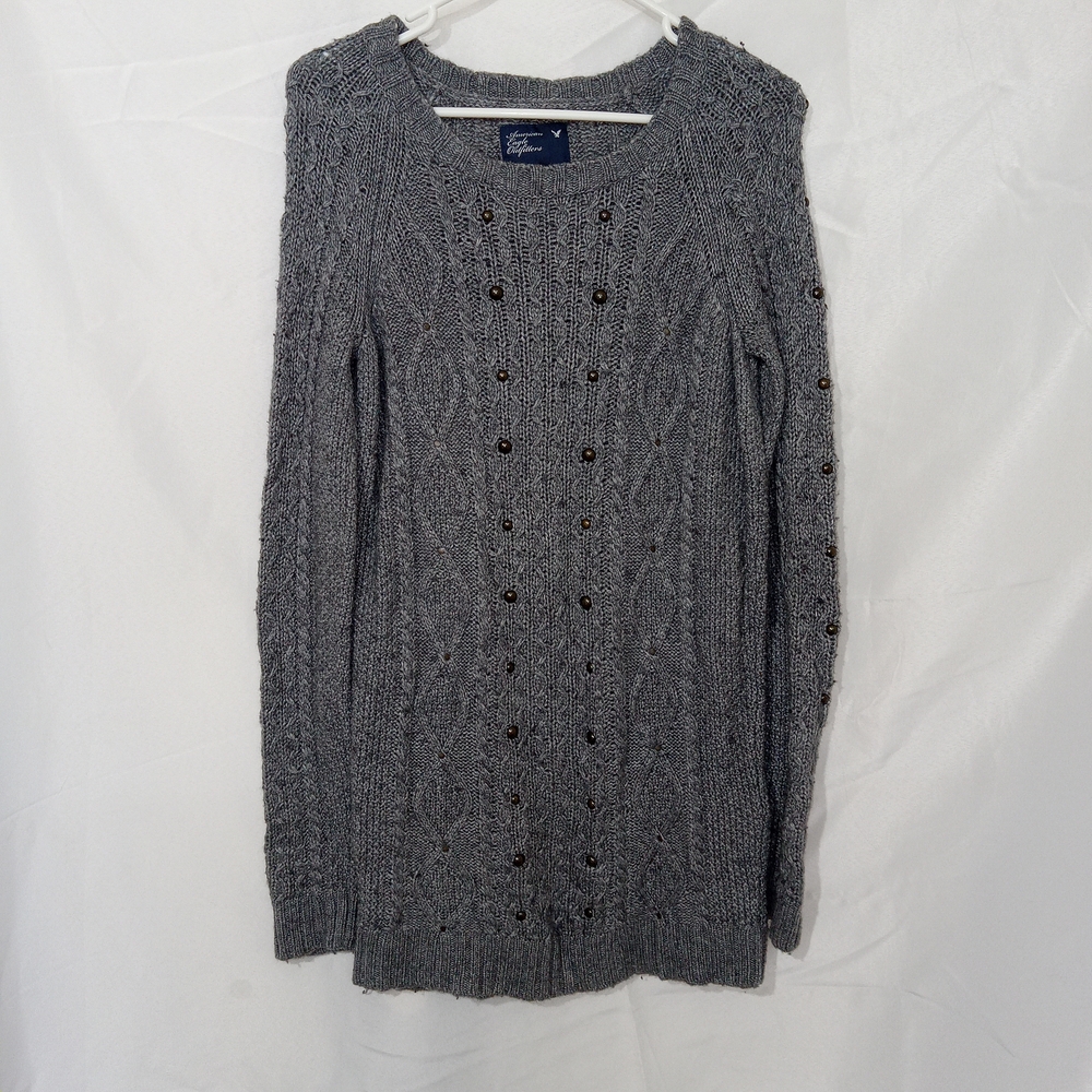 Y2K Fitted American Eagle Gray Wool Cable Knit Sweater Dress Size M